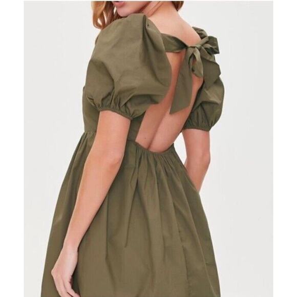 FOREVER 21 Baby Doll Mini Dress Women's Size L Olive Green 100% Cotton Y2K - Picture 3 of 14